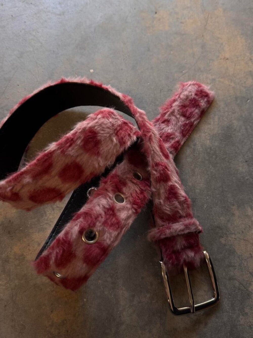 Dusty Pink Cheetah Plush Fur Eyelet Belt